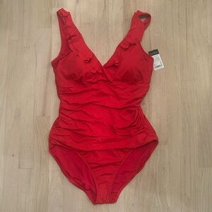 NWT Lauren Ralph Lauren Beach Club Red Ruffle Surplice Swimsuit size 16